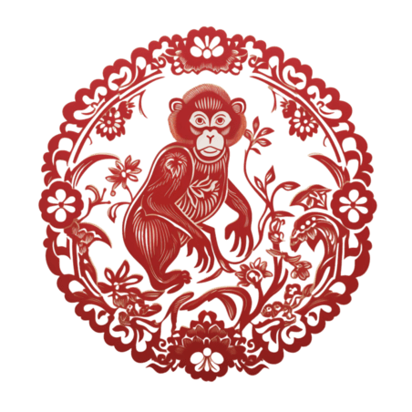创意红色窗花动物剪纸风传统十二生肖猴免抠