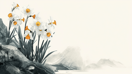 创意水墨中国风中国国画手绘小草开花水仙花的插画9