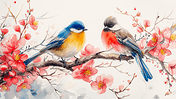 水彩花鸟春天创意彩色水彩树枝上的鸟插画3