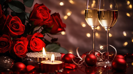 情人节浪漫烛光晚餐玫瑰和香槟庆祝约会