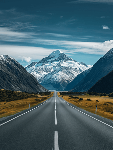 创意雪山下的公路新西兰自驾风光道路高山雪山企业励志背景