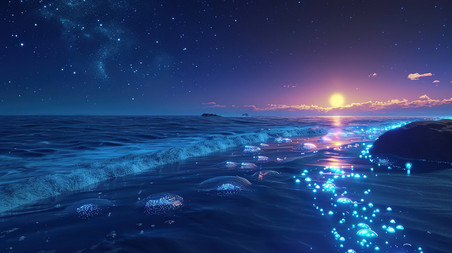 创意海边蓝眼泪水母发光海洋大海旅游夜景背景图