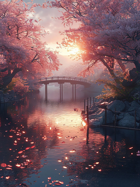 创意春天美丽的桃花林湖泊中国风背景图片