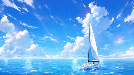 创意手绘航海励志大海蓝天白云下海上帆船的插画1