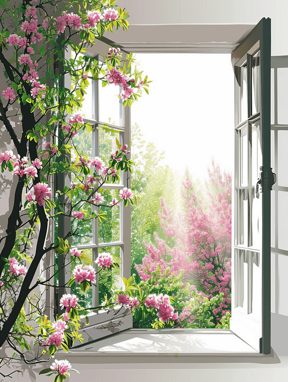 创意手绘春季窗台春天水彩摆放的花卉爬藤插画15