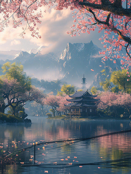 创意春天美丽的桃花林湖泊中国风国潮场景