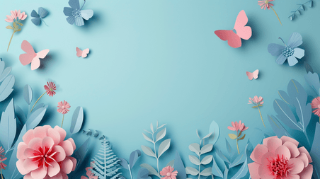 创意简约粉蓝色场景平铺花朵花瓣的春天剪纸蝴蝶背景图6