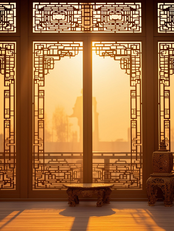 创意中国风门窗剪影黄昏复古窗户光影传统建筑插画
