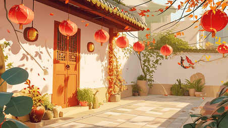创意手绘古色古风古建筑庭院春节中国风四合院游戏场景