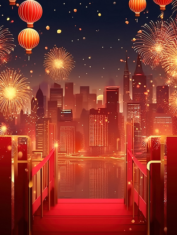 创意灯笼和烟花新年喜庆元宵节除夕夜跨年插画
