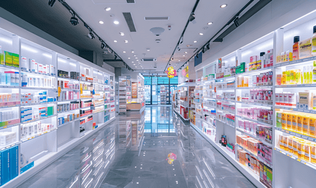 创意宽敞明亮整洁的药房超市货架陈列商品