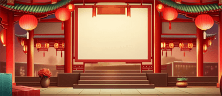 创意红绿配色中式年货节国潮元宵节中国风古建筑游戏场景