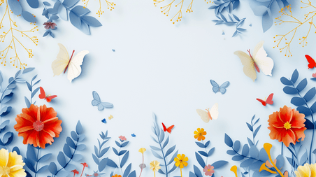 春天剪纸蝴蝶创意简约粉蓝色场景平铺花朵花瓣的背景图5