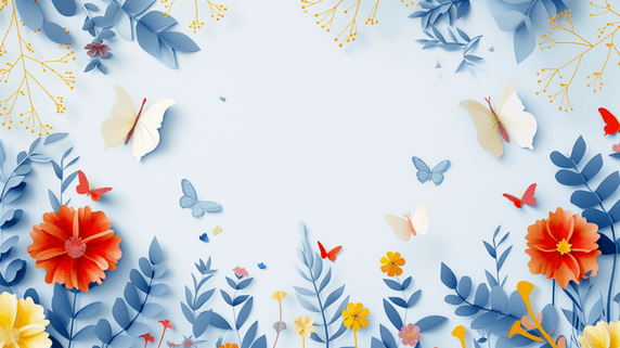春天剪纸蝴蝶创意简约粉蓝色场景平铺花朵花瓣的背景图5