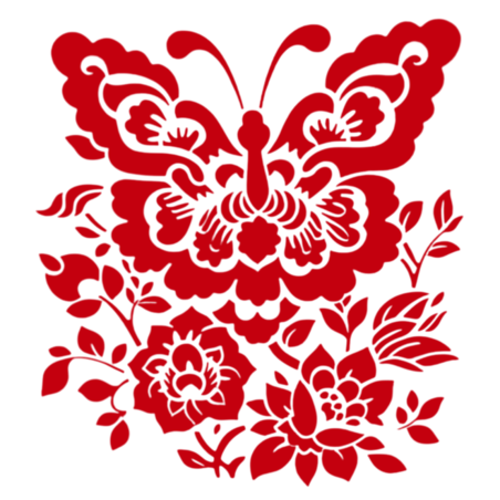 创意蝴蝶与花朵红色国潮植物与花朵剪纸装饰元素