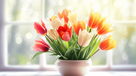 春天春季花朵植物郁金香室内地面窗台上阳光照射下美丽花朵背景