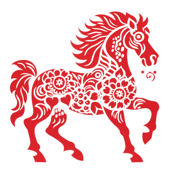 创意红色剪纸风传统十二生肖马窗花动物PNG素材
