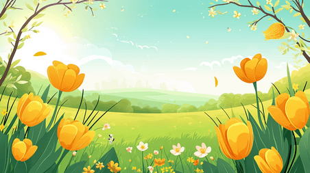 创意简约清新阳光树枝花朵的春天植物插画19