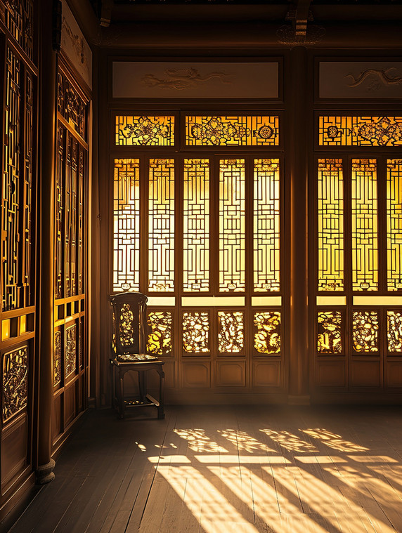 创意复古窗户光影传统建筑中国风意境门窗剪影插画素材