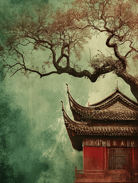 创意中国风古典建筑风景庭院中式意境插画24