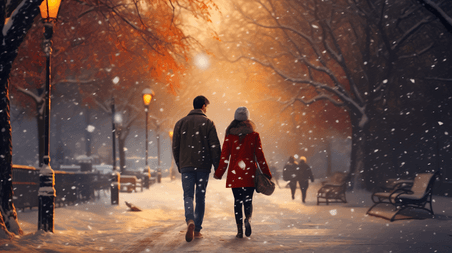创意雪地里散步的情侣冬天散步浪漫唯美