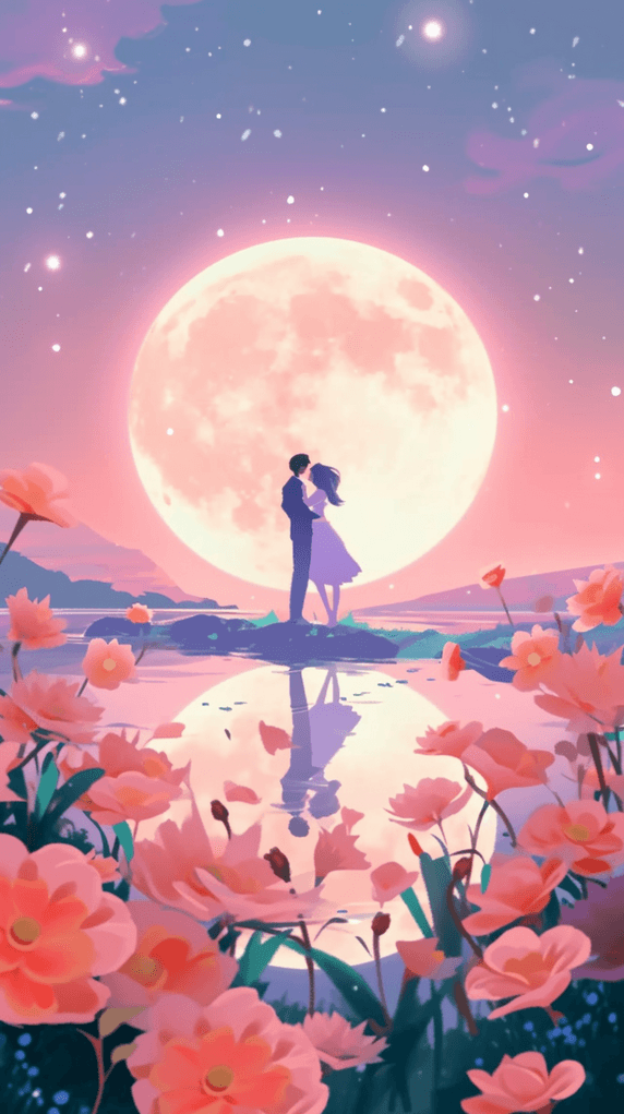 创意花好月圆浪漫情人节情侣背影插画满月拥抱