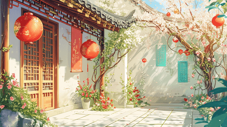创意手绘古色古风古建筑庭院中国风四合院游戏场景