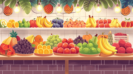 创意超市货架水果店各式各样水果场景插画12