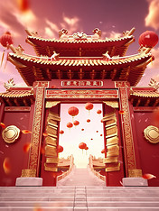 创意年货新年红色大气春节开门红古建筑背景