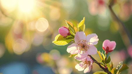 创意春天阳光下树枝枝头开花的桃花梅花背景图10