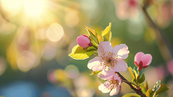 创意春天阳光下树枝枝头开花的桃花梅花背景图10