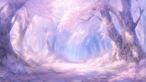 创意森林里紫色藤蔓大树紫色浪漫唯美樱花森林插画11