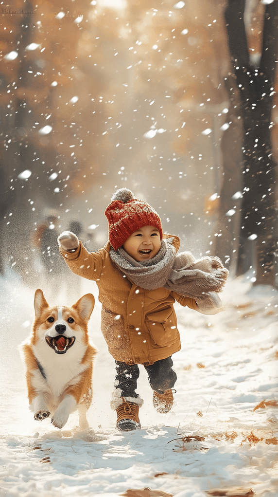 创意冬天冬季孩子小狗新年新年雪地玩耍油画人像