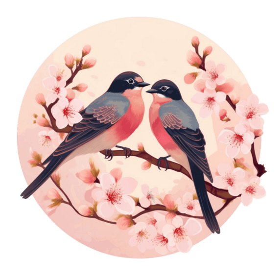 花鸟浪漫樱花桃花创意特色春天小鸟元素免抠图案