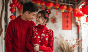 创意情侣春节人像摄影红色毛衣拜年亚洲人像