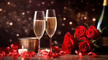 情人节浪漫烛光晚餐约会玫瑰和香槟庆祝