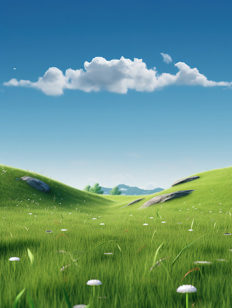 创意春天绿色的草地草原插画春季植物产品场景摄影