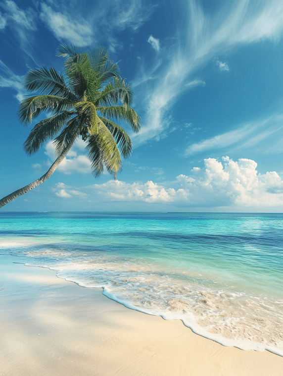 创意夏天沙滩与棕榈树蔚蓝海洋风景