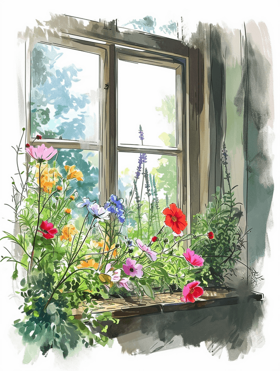 创意手绘春季春天水彩窗台摆放的花卉爬藤插画18