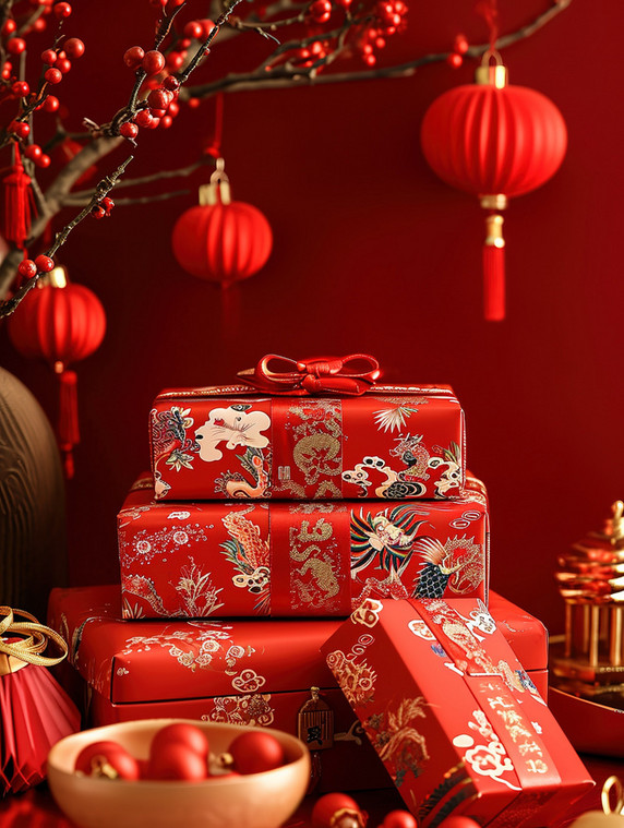 创意新年礼盒包装新年春节大促背景年货商品