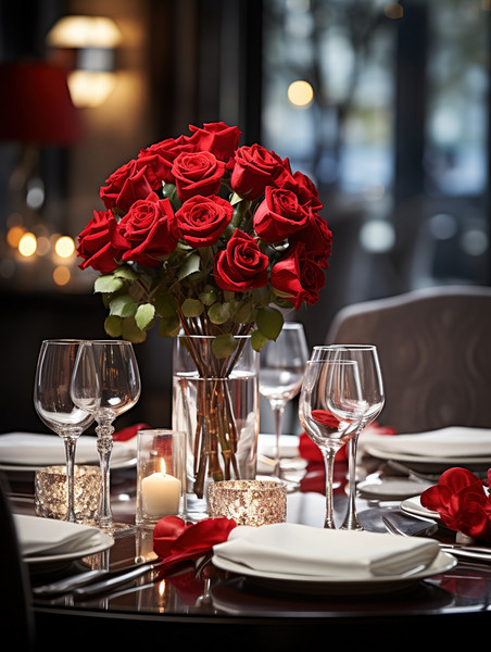 创意情人节餐厅布置玫瑰花约会浪漫素材浪漫约会