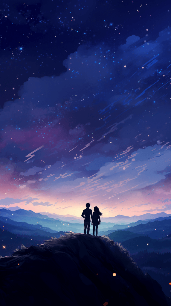 创意浪漫情人节情人情侣约会剪影星空背影插画