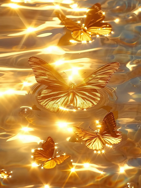 金色浪漫壁纸水面上闪闪发光橙色的蝴蝶插画