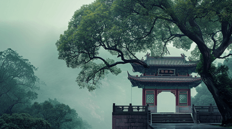 创意中国风中式意境庭院古典建筑风景插画2