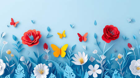 创意简约春天剪纸蝴蝶粉蓝色场景平铺花朵花瓣的背景图16