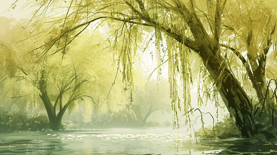 创意春天风景优美的森林公园里河边有树木水墨中国风柳树的插画10