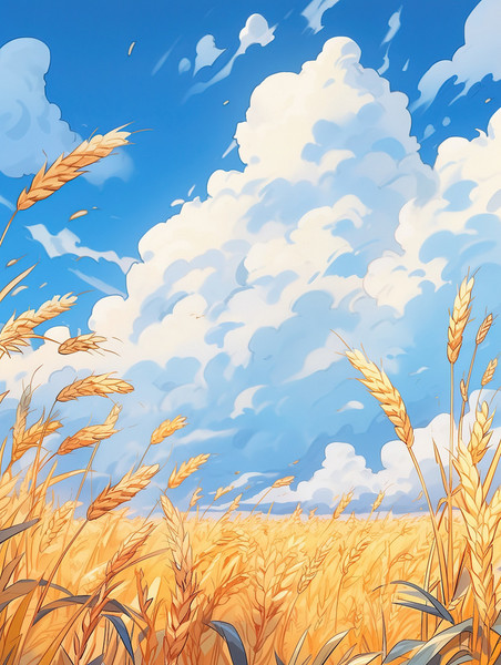 创意蓝天白云的映衬金色的麦浪麦田丰收矢量插画