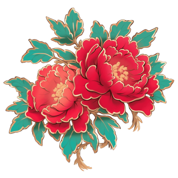 创意国潮金线描边植物鎏金红牡丹花水彩画新年装饰元素