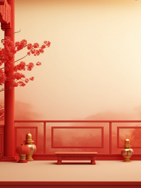 创意春节电商红色大气背景春节室内桌面墙壁