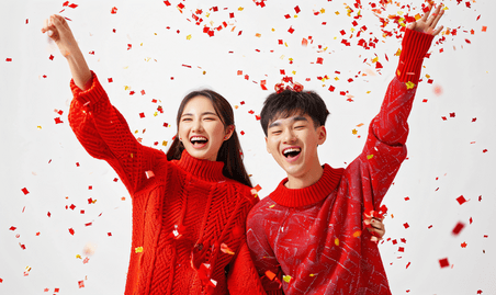 创意春节新年情侣装红色毛衣拜年亚洲人像摄影